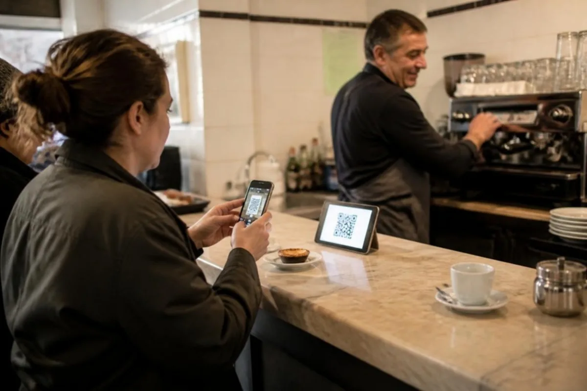 Uma cliente ao balcão de um café aponta o telemóvel ao código num pequeno tablet, enquanto o empregado tira um café.